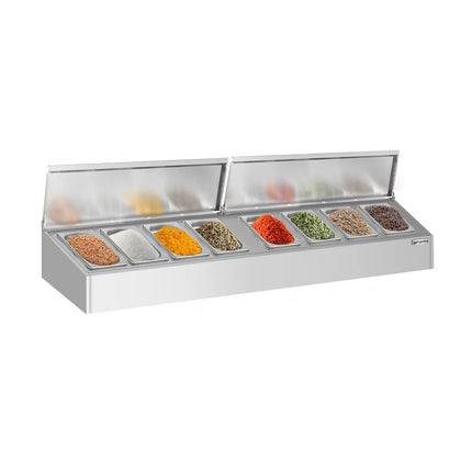 GGM Gastro Commercial Condiment Holder - 8x GN 1/4 - with Pans & Lids - 160cm