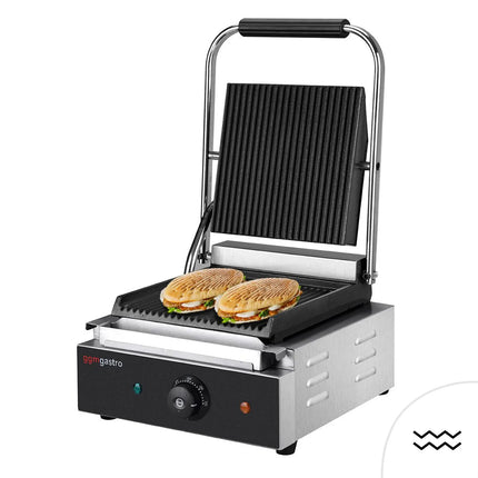 GGM Gastro Commercial Contact Grill - Heavy Duty Panini Press - 1.8kW - plates: ribbed top & bottom - grill area: 235x225mm