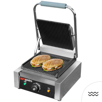 GGM Gastro Commercial Contact Grill - Heavy Duty Panini Press - 2.2kW - Digital - plates: ribbed top & bottom - grill area: 230x230mm