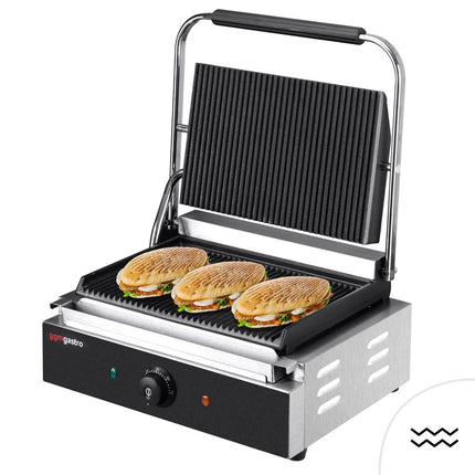 GGM Gastro Commercial Contact Grill - Heavy Duty Panini Press - 2.2kW - plates: ribbed top & bottom - grill area: 345x235mm