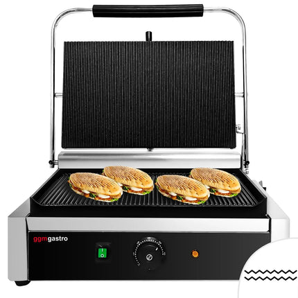 GGM Gastro Commercial Contact Grill - Heavy Duty Panini Press - 2.6kW - plates: ribbed top & bottom - grill area: 400x225mm