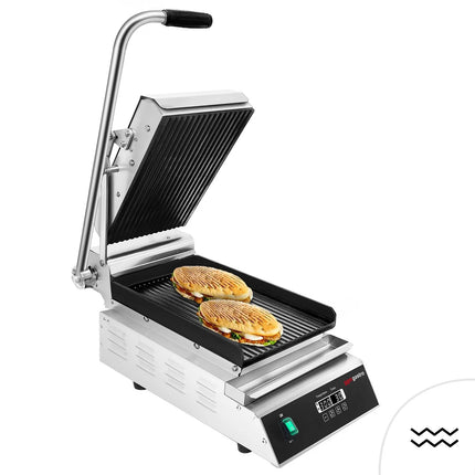 GGM Gastro Commercial Contact Grill - Heavy Duty Panini Press- 2.8kW - Digital - plates: ribbed top & bottom - grill area: 223x380mm