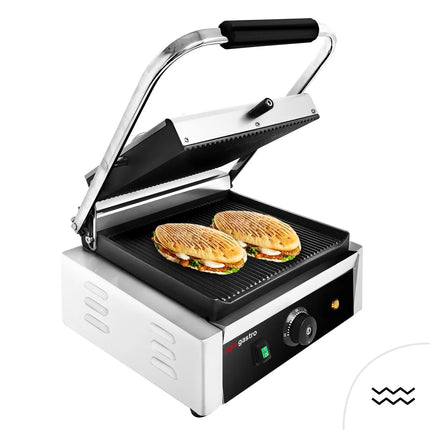 GGM Gastro Commercial Contact Grill - Heavy Duty Panini Press - 2kW - plates: ribbed top & bottom - grill area: 270x255mm