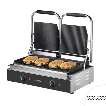 GGM Gastro Commercial Contact Grill - Heavy Duty Panini Press - 3.6kW - plates: ribbed top & bottom - grill area: 480x230mm