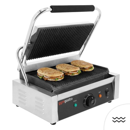 GGM Gastro Commercial Contact Grill - Heavy Duty Panini Press - 3kW - plates: ribbed top & bottom - grill area: 340x230mm