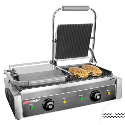 GGM Gastro Commercial Contact Grill - Heavy Duty Panini Press - 4.4kW - plates: ribbed top & bottom - grill area: 475x230mm