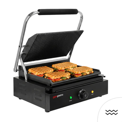 GGM Gastro Commercial Contact Grill – Ribbed Top & Bottom Plates – 2.2 kW – Grill Area: 345 × 235 mm