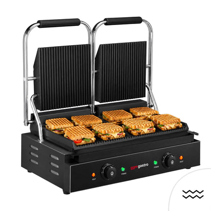 GGM Gastro Commercial Contact Grill – Ribbed Top & Bottom Plates – 3.6 kW – Grill Area: 485 × 235 mm