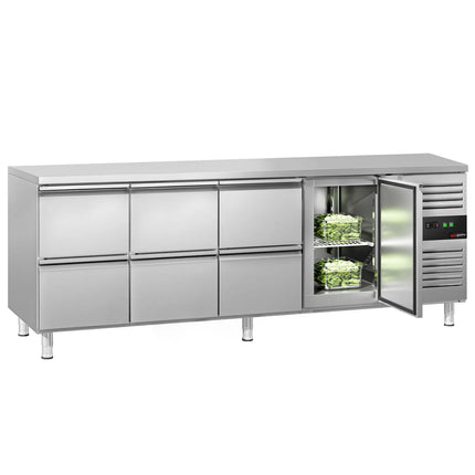 GGM Gastro Commercial Counter Fridge ECO - 2230x700mm - with 1 door - 6 drawers - capacity 553 litres