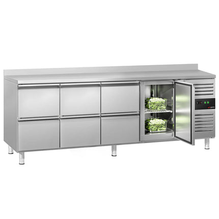 GGM Gastro Commercial Counter Fridge ECO - 2230x700mm - with 1 door - 6 drawers - with upstand - capacity 553 litres