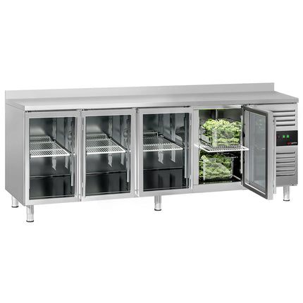 GGM Gastro Commercial Counter Fridge ECO - 2230x700mm - with 4 glass doors - with upstand - capacity 553 litres
