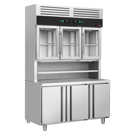 GGM Gastro Commercial Counter Fridge & Multideck Display Set - 1350x700mm - double glazing - with 3 glass doors (top) - with 3 doors (bottom) - capacity 455 litres