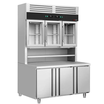 GGM Gastro Commercial Counter Fridge & Multideck Display Set - 1350x800mm - double glazing - with 3 glass doors (upper) & 3 doors (lower) - capacity 520 litres