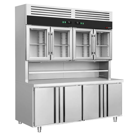 GGM Gastro Commercial Counter Fridge & Multideck Display Set - 1800x700mm - double glazing - with 4 glass doors top, 4 doors bottom - worktop