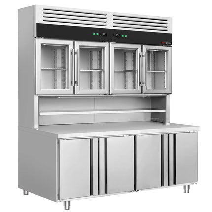 GGM Gastro Commercial Counter Fridge & Multideck Display Set - 1800x800mm - with 4 glass doors (top) & 4 doors (bottom) - double glazing - with worktop