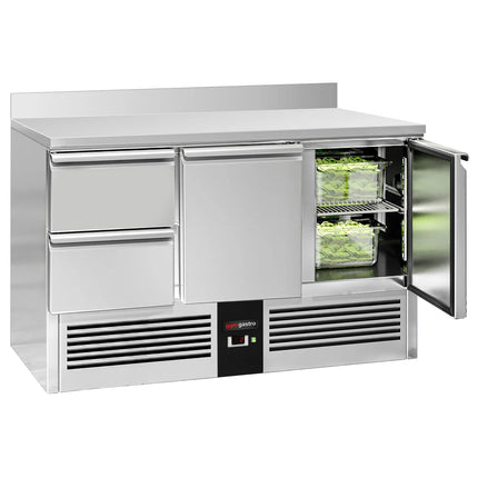 GGM Gastro Commercial Counter Fridge PREMIUM - 1368x700mm - with 2 doors, 2 drawers - with upstand - capacity 368 litres