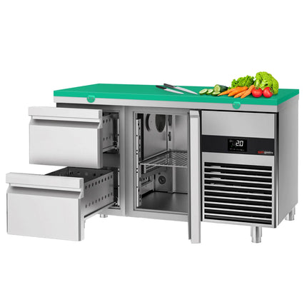 GGM Gastro Commercial Counter Fridge PREMIUM - 1400x700mm - with 1 door - 2 drawers - incl. cutting board green
