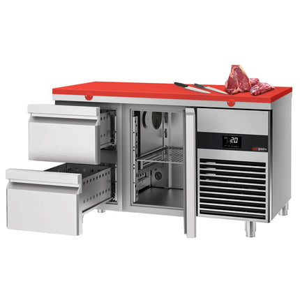 GGM Gastro Commercial Counter Fridge PREMIUM - 1400x700mm - with 1 door - 2 drawers - incl. cutting board red - capacity 281 litres