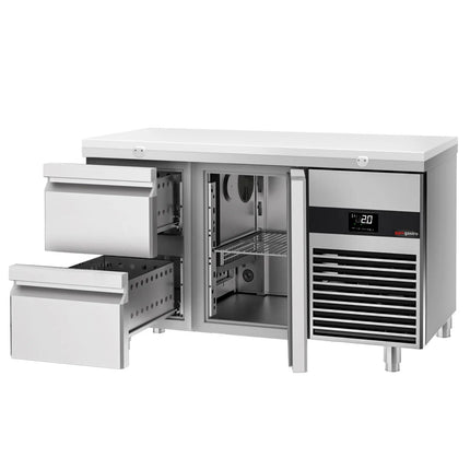 GGM Gastro Commercial Counter Fridge PREMIUM - 1400x700mm - with 1 door - 2 drawers - incl. cutting board white - capacity 281 litres