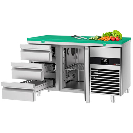 GGM Gastro Commercial Counter Fridge PREMIUM - 1400x700mm - with 1 door - 3 drawers - incl. cutting board green - capacity 281 litres
