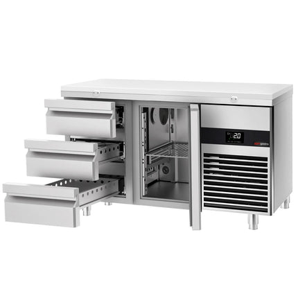 GGM Gastro Commercial Counter Fridge PREMIUM - 1400x700mm - with 1 door - 3 drawers - incl. cutting board white - capacity 281 litres
