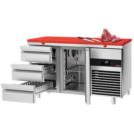 GGM Gastro Commercial Counter Fridge PREMIUM - 1400x700mm - with 1 door - 3 drawers - incl. cutting board red - capacity 281 litres
