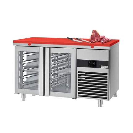 GGM Gastro Commercial Counter Fridge PREMIUM - 1400x700mm - with 2 glass doors - incl. cutting board red