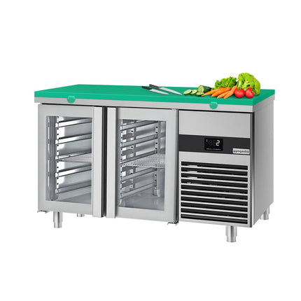 GGM Gastro Commercial Counter Fridge PREMIUM - 1400x700mm - with 2 glass doors - incl. cutting board green