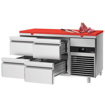 GGM Gastro Commercial Counter Fridge PREMIUM - 1400x700mm - with 4 drawers - incl. cutting board red - capacity 281 litres