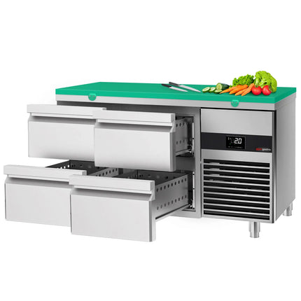 GGM Gastro Commercial Counter Fridge PREMIUM - 1400x700mm - with 4 drawers - incl. cutting board green - capacity 281 litres