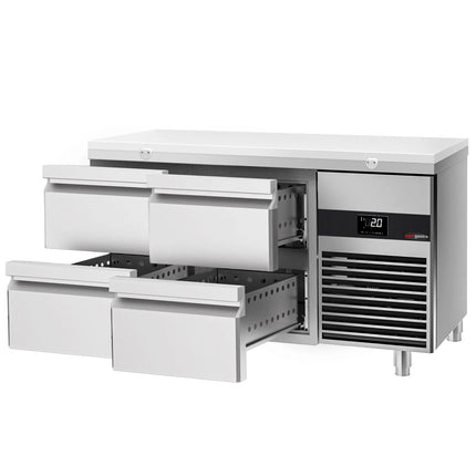 GGM Gastro Commercial Counter Fridge PREMIUM - 1400x700mm - with 4 drawers - incl. cutting board white - capacity 281 litres