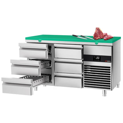 GGM Gastro Commercial Counter Fridge PREMIUM - 1400x700mm - with 6 drawers - incl. cutting board green