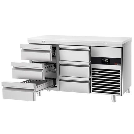 GGM Gastro Commercial Counter Fridge PREMIUM - 1400x700mm - with 6 drawers - incl. cutting board white