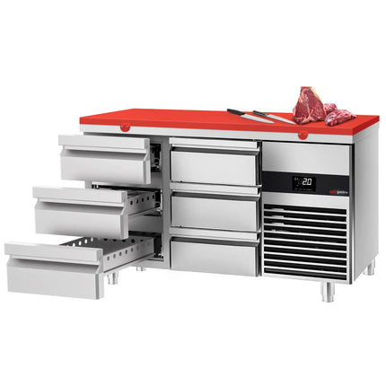 GGM Gastro Commercial Counter Fridge PREMIUM - 1400x700mm - with 6 drawers - incl. cutting board red