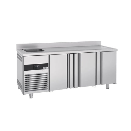 GGM Gastro Commercial Counter Fridge PREMIUM - 1900x700mm - with 3 doors - with sink left - with upstand - capacity 420 litres