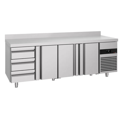 GGM Gastro Commercial Counter Fridge PREMIUM - 2330x700mm - with 3 doors - 3 drawers - with upstand - capacity 632 litres