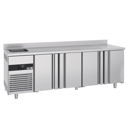 GGM Gastro Commercial Counter Fridge PREMIUM - 2360x720mm - with 4 doors - with sink left - with upstand - capacity 540 litres