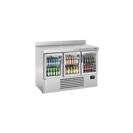 GGM Gastro Commercial Counter Fridge PREMIUM PLUS - 1460x700mm - with 3 glass doors - with upstand - capacity 335 litres