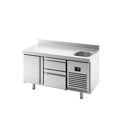 GGM Gastro Commercial Counter Fridge PREMIUM PLUS - 1468x600mm - with sink - with 1 door - with 2 drawers - with upstand
