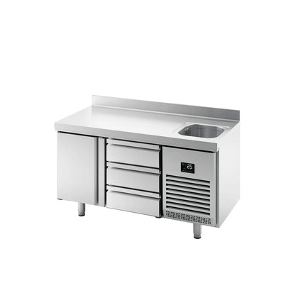GGM Gastro Commercial Counter Fridge PREMIUM PLUS - 1468x600mm - with sink - with 1 door - with 3 drawers (1/3) - with upstand