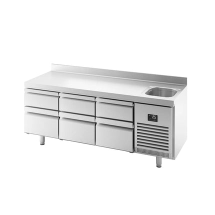 GGM Gastro Commercial Counter Fridge PREMIUM PLUS - 1960x600mm - with sink - with 6 drawers - with upstand - capacity 385 litres