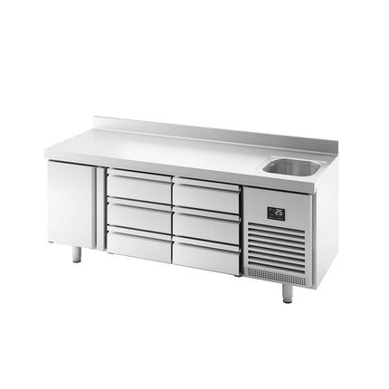 GGM Gastro Commercial Counter Fridge PREMIUM PLUS - 1960x700mm - with 1 door - 6 drawers (1/3) - with upstand - with sink