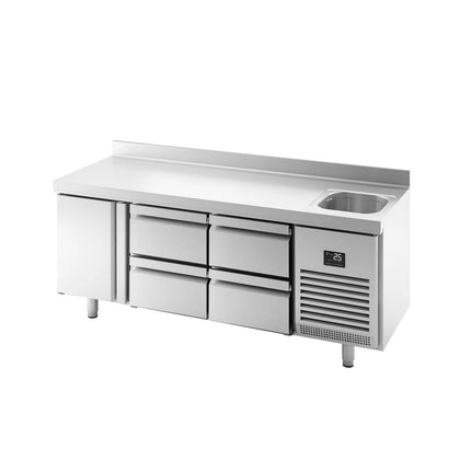 GGM Gastro Commercial Counter Fridge Premium PLUS - 1960x700mm - with 1 sink, 1 door, 4 drawers - with upstand - capacity 465 litres