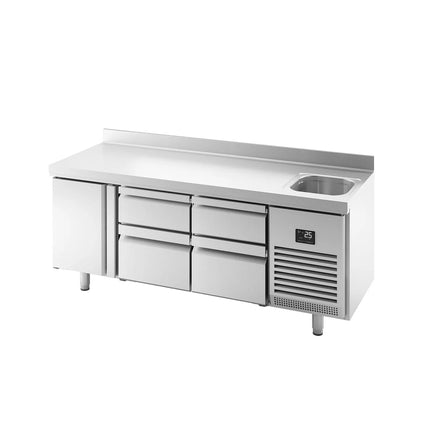 GGM Gastro Commercial Counter Fridge PREMIUM PLUS - 1960x700mm - with sink - with 1 door, 4 drawers - with upstand - capacity 465 litres