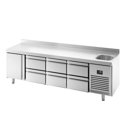 GGM Gastro Commercial Counter Fridge PREMIUM PLUS - 2452x600mm - with sink - with 1 door - with 6 drawers (1/2) - with upstand