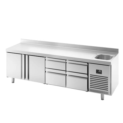 GGM Gastro Commercial Counter Fridge PREMIUM PLUS - 2452x600mm - with sink - with upstand - with 2 doors - 4 drawers