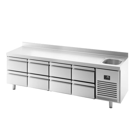 GGM Gastro Commercial Counter Fridge PREMIUM PLUS - 2452x600mm - with sink - with 8 drawers - with upstand - capacity 510 litres