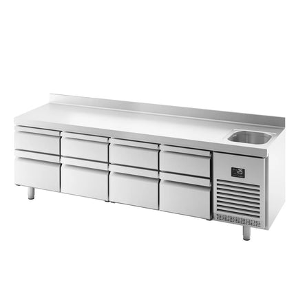 GGM Gastro Commercial Counter Fridge PREMIUM PLUS - 2452x600mm - with sink - with upstand - with 8 drawers - capacity 510 litres