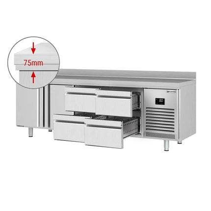 GGM Gastro Commercial Counter Fridge PREMIUM PLUS - 2452x700mm - with 2 doors - 4 drawers (1/2 GN) - with upstand - capacity 625 litres