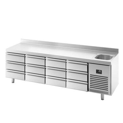 GGM Gastro Commercial Counter Fridge PREMIUM PLUS - 2452x700mm - with sink - with 1 door - with 6 drawers (3x2/3, 3x1/3) - with upstand